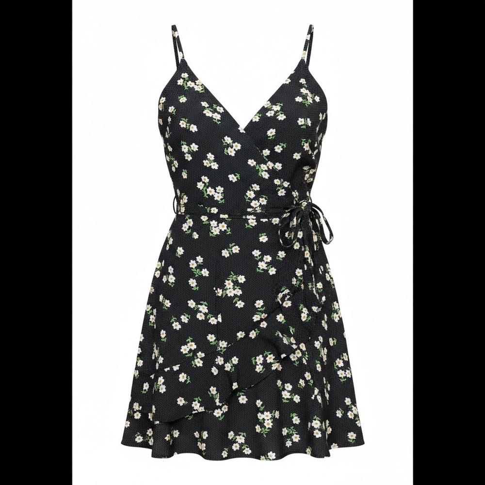 Altar'd State Black Daisy Floral Wrap Mini Dress XS Polka Dot Ruffle V-Neck flaw